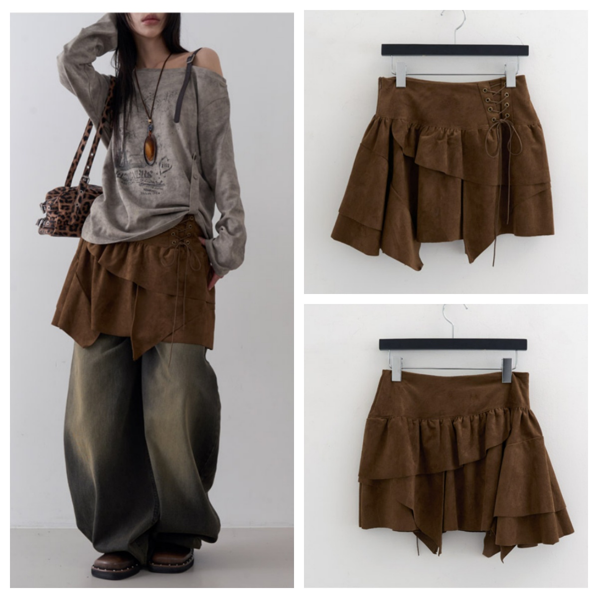 韩国lowear直邮代购2025春秋女装百搭时尚休闲舒适叠层迷你半身裙