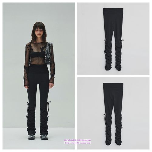 韩国diagonal直邮代购2024秋春休闲黑色抽褶修身百搭休闲打底裤