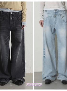 韩国ordes直邮代购2024秋冬磨白宽松双腰直筒阔腿裤显瘦牛仔长裤