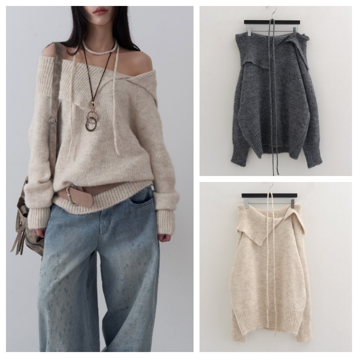 韩国lowear直邮代购2025春秋女装露肩套头针织衫百搭时尚休闲上衣