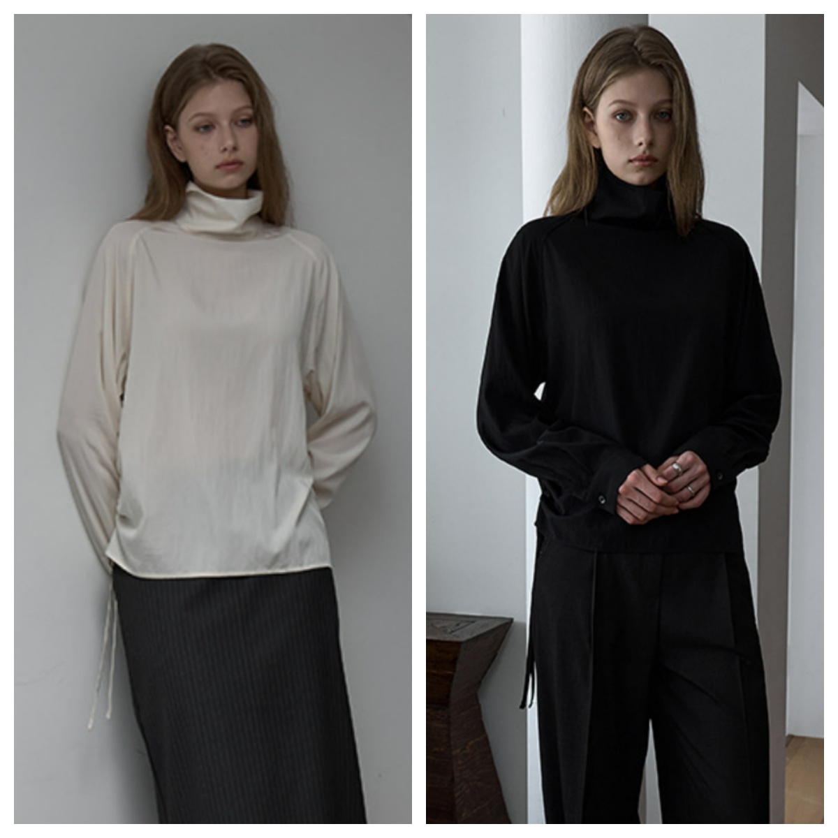 韩国ouie直邮代购2025春秋女装宽松时尚百搭气质高领抽绳长袖衬衫