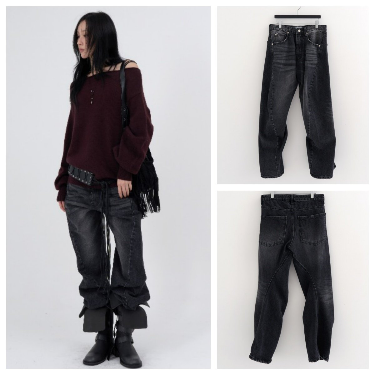 韩国lowear直邮代购2025秋冬宽松休闲时尚百搭做旧曲线牛仔长裤