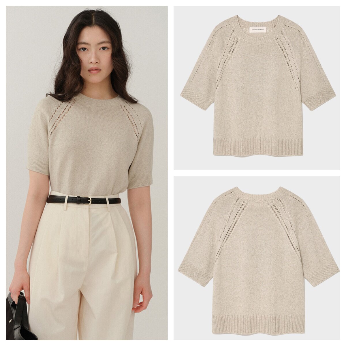 韩国KINDERSALMON直邮代购2024夏女装套头针织衫时尚短袖休闲上衣