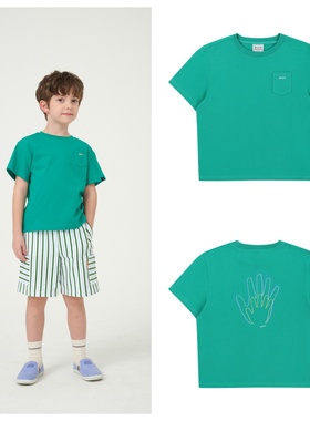 been韩国直邮代购2025夏儿童绿色手掌圆领套头短袖T恤童装100-165