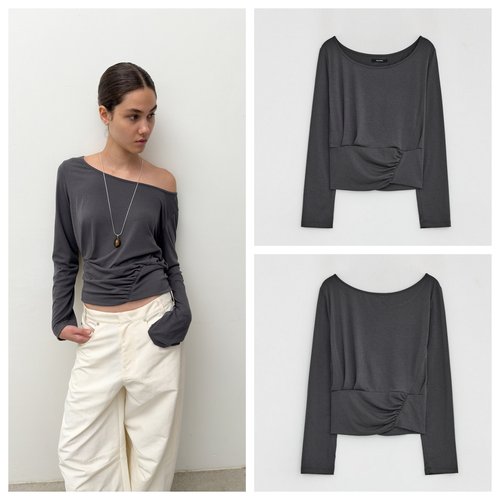 韩国diagonal直邮代购2025春秋女装百搭褶皱露肩时尚休闲长袖T恤