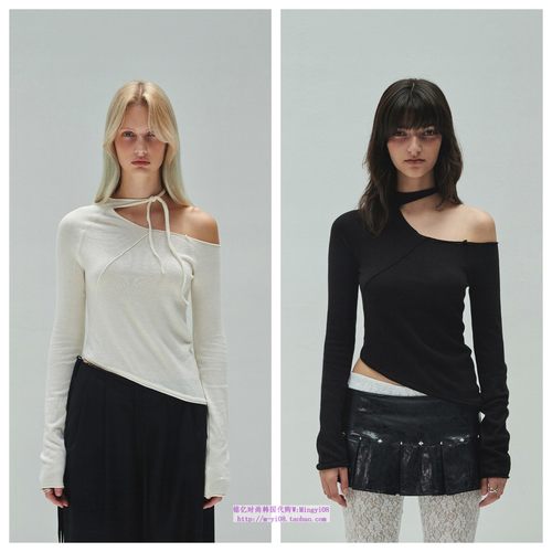 韩国diagonal直邮代购2024秋春女装斜肩系带百搭圆领长袖T恤上衣