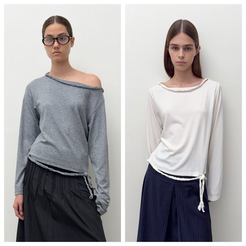 韩国diagonal直邮代购2025春秋女装百搭辫绳露肩时尚休闲长袖T恤