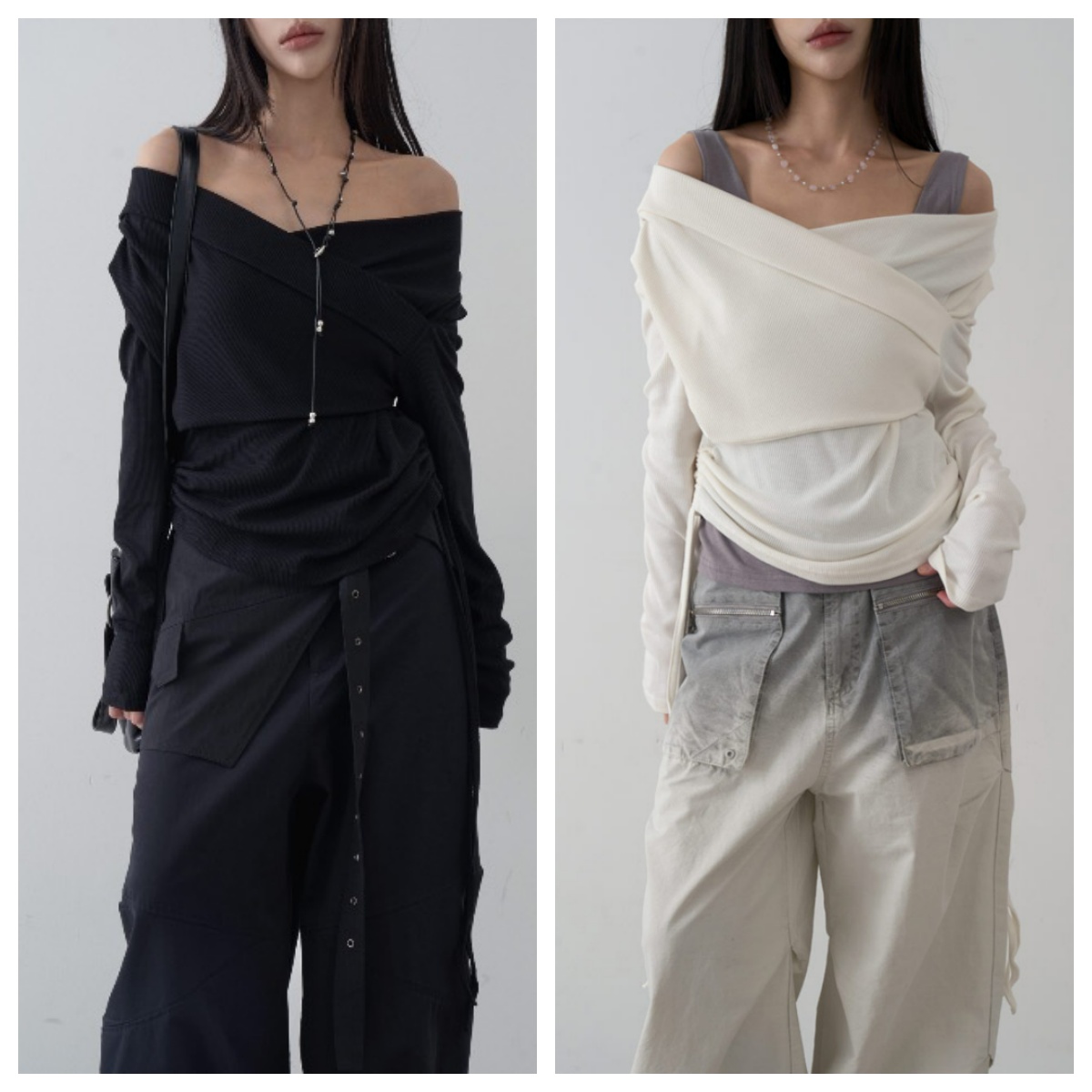 韩国lowear直邮代购2025春秋女装休闲宽松百搭露肩长袖T恤上衣