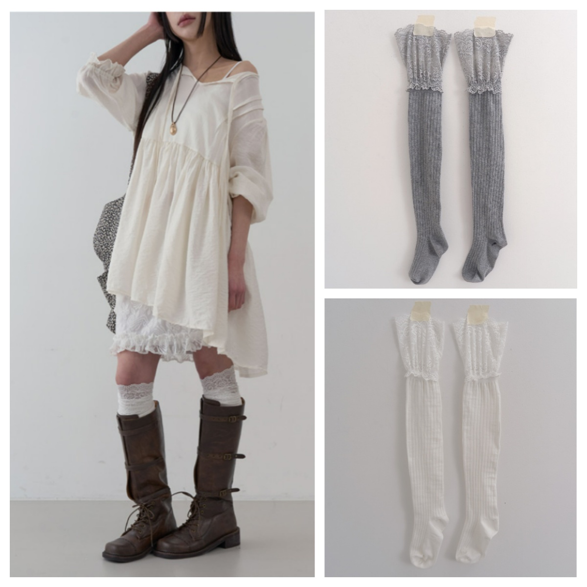 韩国lowear直邮代购2025春秋显瘦柔软防寒蕾丝时尚中筒袜护腿套