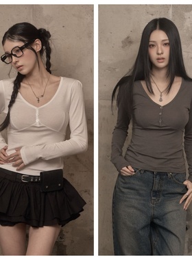 韩国khakipoint直邮代购2025春秋女装百搭时尚修身轻薄长袖T恤