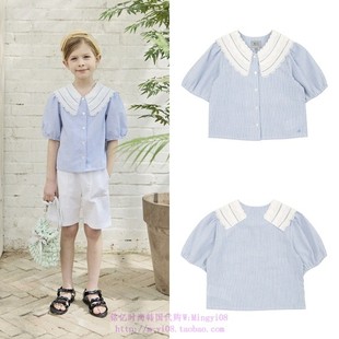 110 been韩国代购 上衣童装 衬衫 120 2023夏儿童天蓝翻领条纹短袖