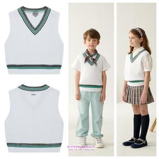 165 110 been韩国代购 2025春秋男女儿童针织V领学院风马甲外套童装