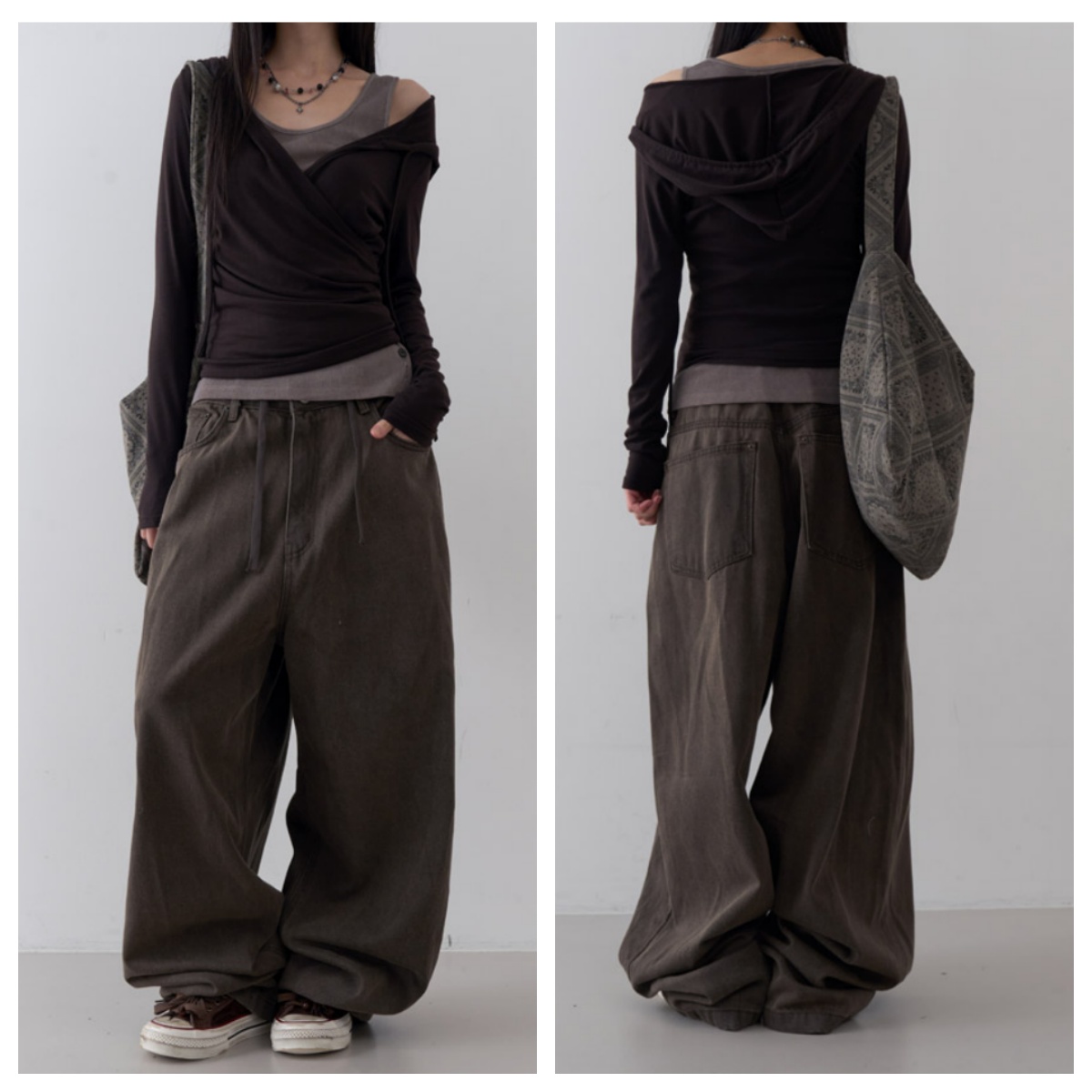 韩国lowear直邮代购2025春秋宽松百搭时尚阔腿裤休闲抽绳拖地长裤