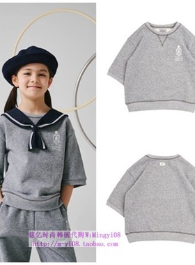 been韩国代购2024春秋儿童灰色圆领套头休闲七分袖T恤童装110-165