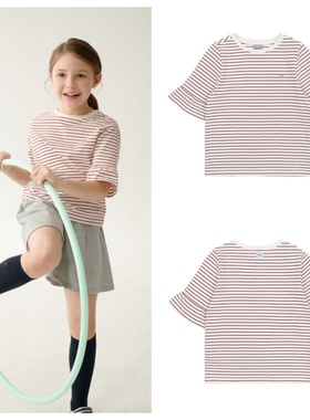 been韩国直邮代购2025春夏儿童红色条纹套头休闲宽松短袖T恤童装