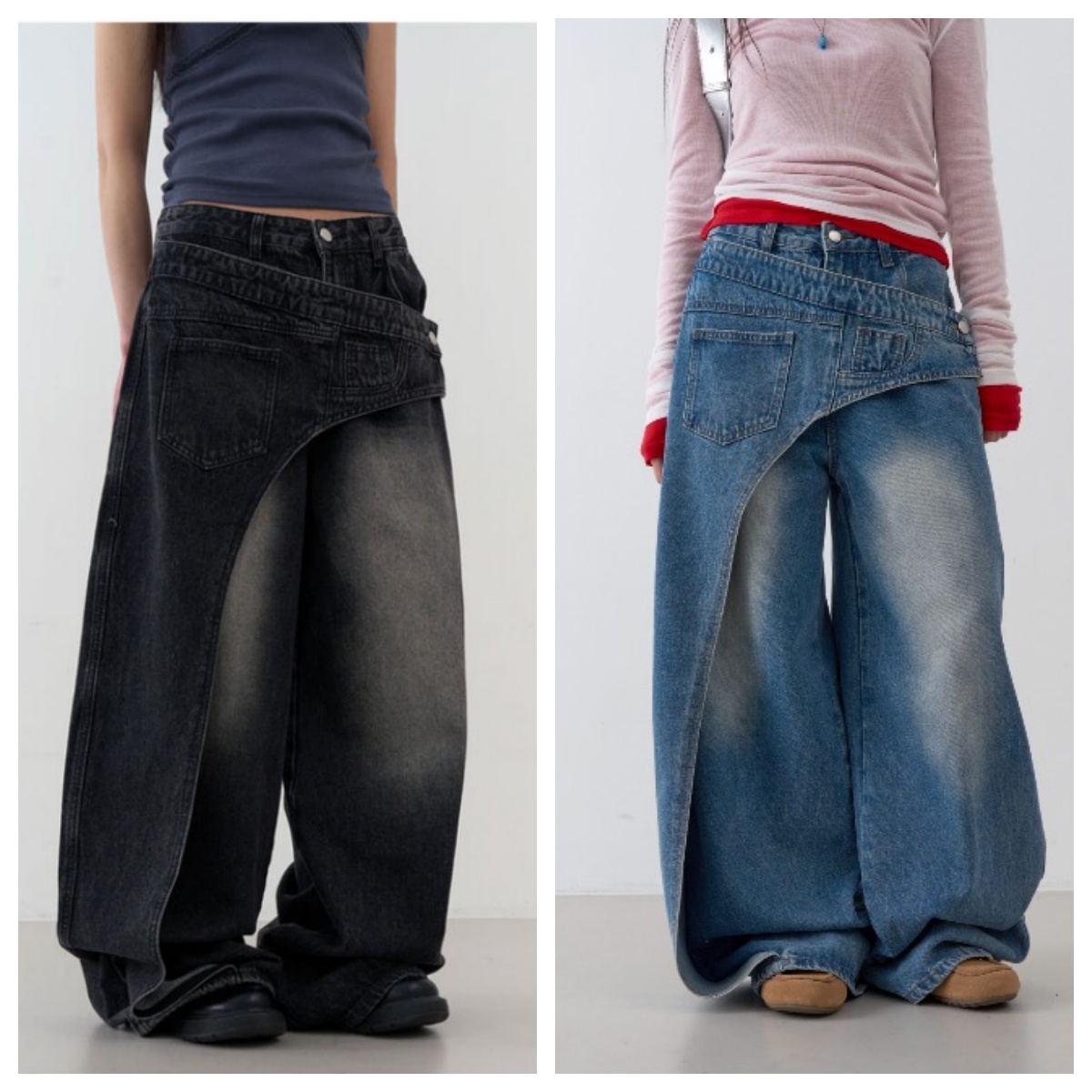 韩国lowear直邮代购2025春秋宽松休闲时尚百搭磨白拖地牛仔长裤