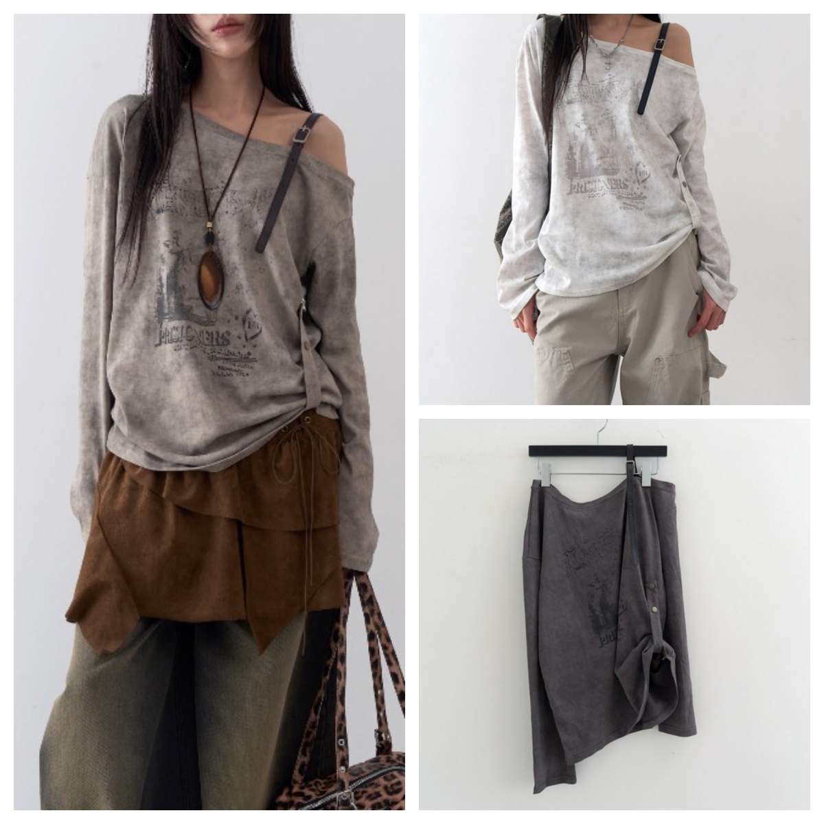 韩国lowear直邮代购2025春秋女装休闲百搭扣带露肩长袖T恤上衣