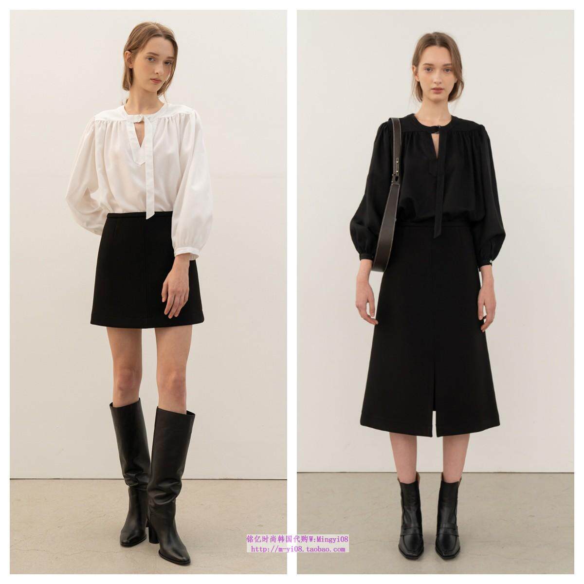 韩国KINDERSALMON直邮代购2024春秋圆领系带时尚衬衫九分袖上衣