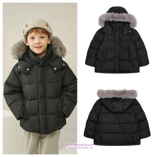 165 110 been韩国代购 2024冬儿童黑色保暖毛领休闲鸭绒羽绒服童装