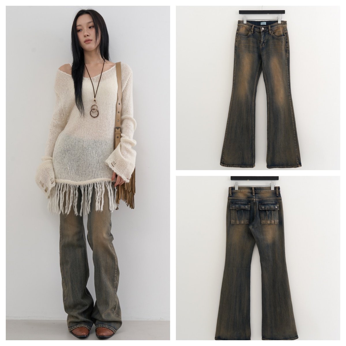 韩国lowear直邮代购2025秋冬宽松休闲时尚百搭磨白喇叭牛仔长裤