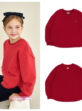 been韩国直邮代购2024秋春儿童红色圆边套头长袖T恤童装130-155
