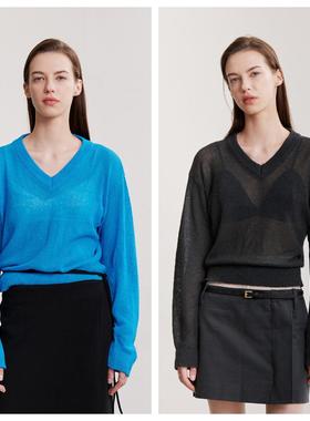 韩国AFTERHOURS直邮代购2024春秋女装V领透明套衫头针织休闲上衣