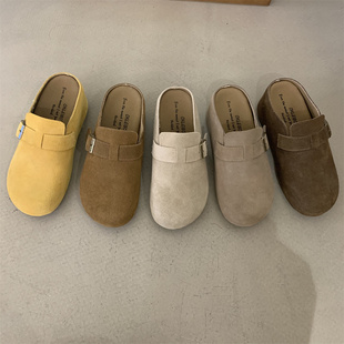 7CM内增高厚底鞋勃肯鞋女夏季外穿复古丑萌真皮一脚蹬包头半拖鞋