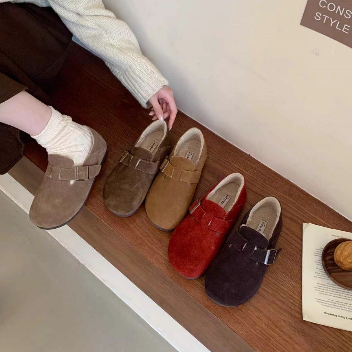 Zuyaolan韩系复古真皮全包厚底勃肯鞋女冬季加绒保暖棉鞋毛毛鞋