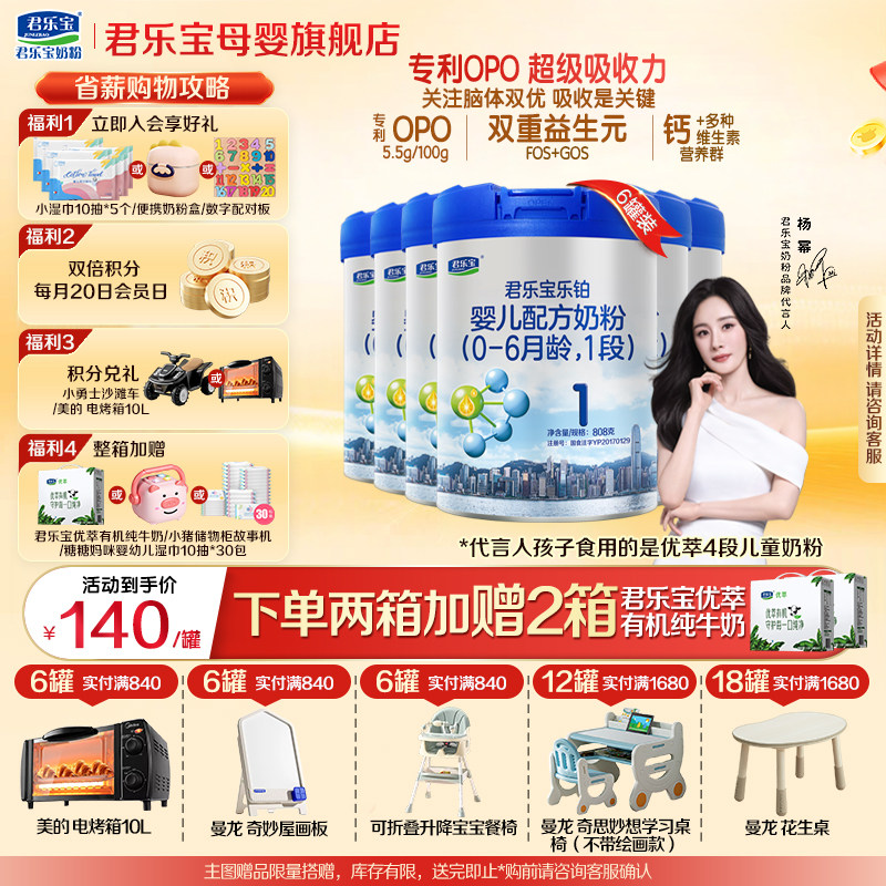 君乐宝乐铂1段新生婴儿奶粉正品官方旗舰店牛乳HMO配方808gX6罐装,婴童奶粉,婴幼儿牛奶粉,淘宝优惠券,粉丝福利购,淘宝优惠卷