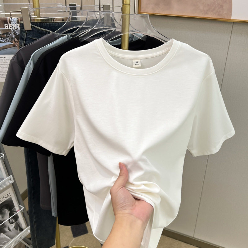 天丝高端正肩T恤女夏季新款V领短袖体恤宽松小众设计感白色打底衫