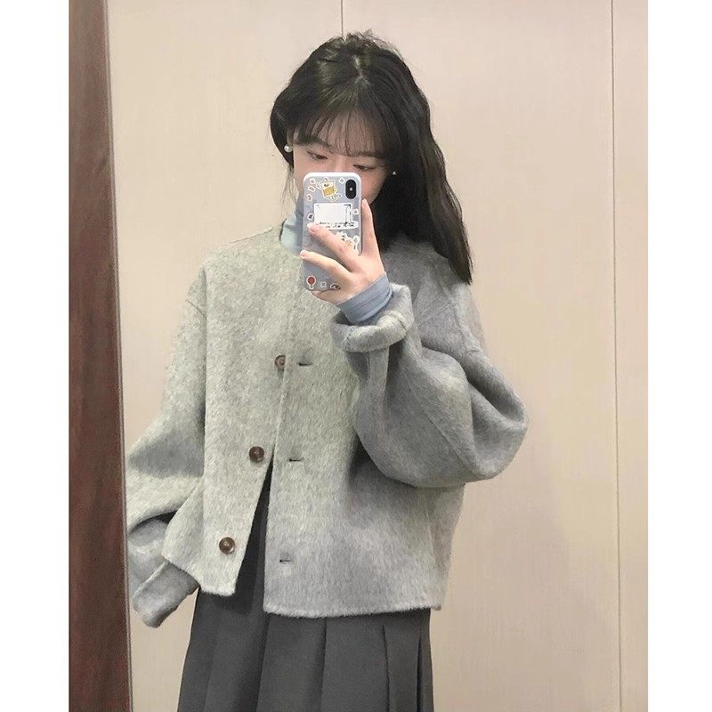 灰色呢子大衣女秋冬季2024新款毛呢外套高级感小个子短款韩系气质