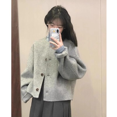 灰色呢子大衣女秋冬季2024新款毛呢外套高级感小个子短款韩系气质
