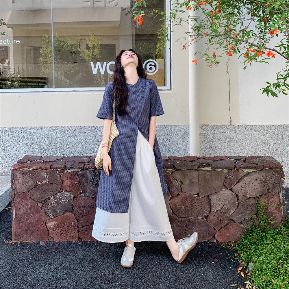 小清新格子衬衫连衣裙阔腿裤套装女夏2025新款两件套ootd穿搭减龄