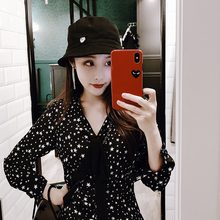 女 原创秋冬打底蝴蝶结碎花黑色显瘦星星印花雪纺长袖 连衣裙中长款