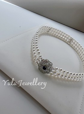 母贝仿珍珠澳白色正圆厚镀真金扣镶嵌蓝锆石法式复古宫廷风颈链女