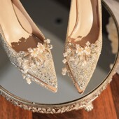 香槟色水晶新娘结婚鞋 婚宴平时可穿婚纱礼服细高跟鞋 2025年新款