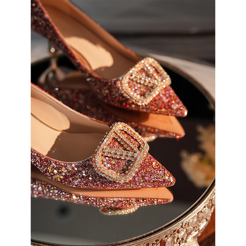 绝美~V高级水晶亮片细跟粗跟高跟