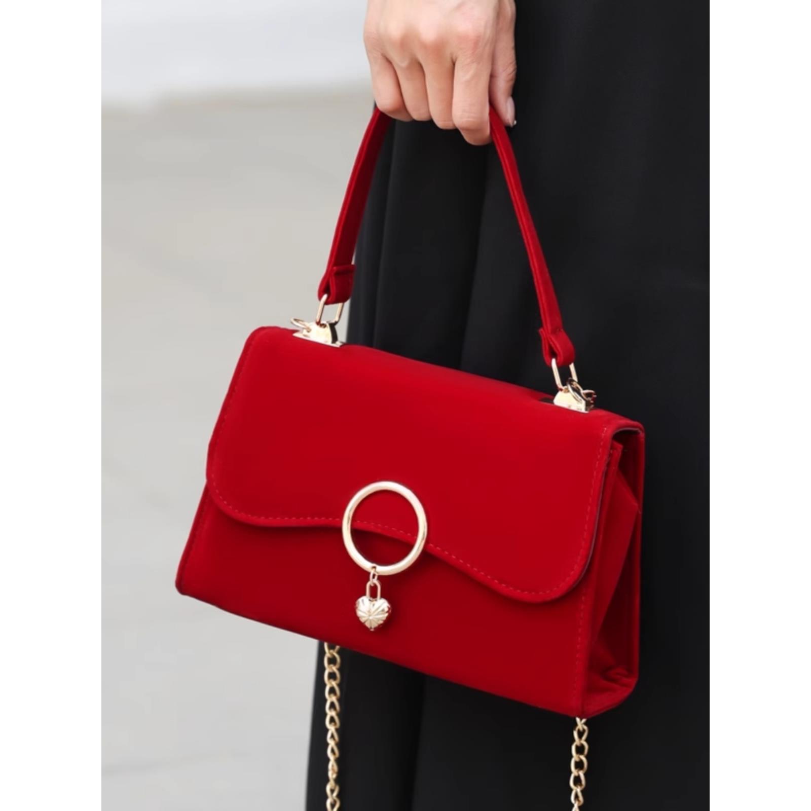 高级感手提红色包包女2025新款小众千鸟格大容量新娘结婚包伴娘包