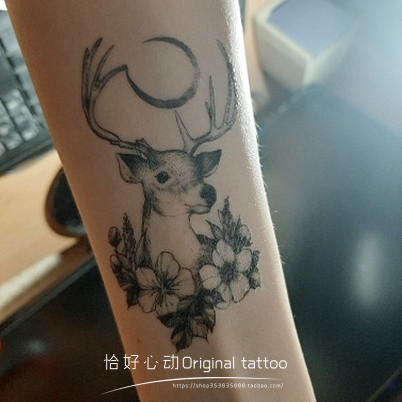 简约风手绘麋鹿纹身贴 黑白小鹿图案手臂刺青 防水持久手腕女贴纸