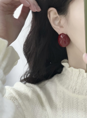 圣诞新年车厘子红色本命耳环珐琅滴釉椭圆气质耳钉925银针美拉德