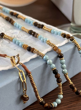 蓝棕配色虎石串珠项链可叠戴