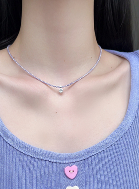 紫色串珠项链5A级锆石吊坠