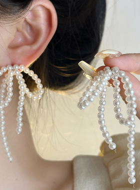 韩系ins风复古蝴蝶结流苏人造珍珠耳环串珠2024新款爆款高级感
