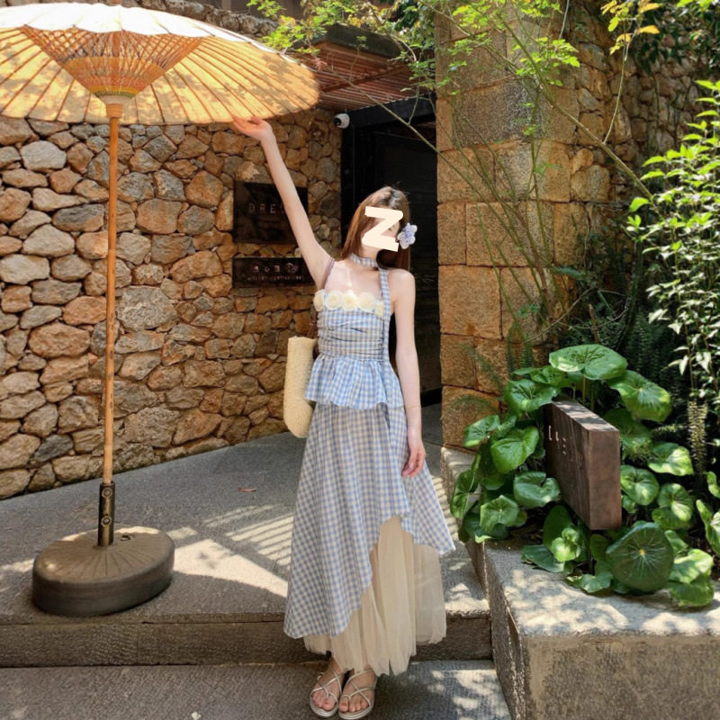 蓝色格子蕾丝抹胸吊带半身裙女夏泰式多巴胺云南海边度假长裙套装