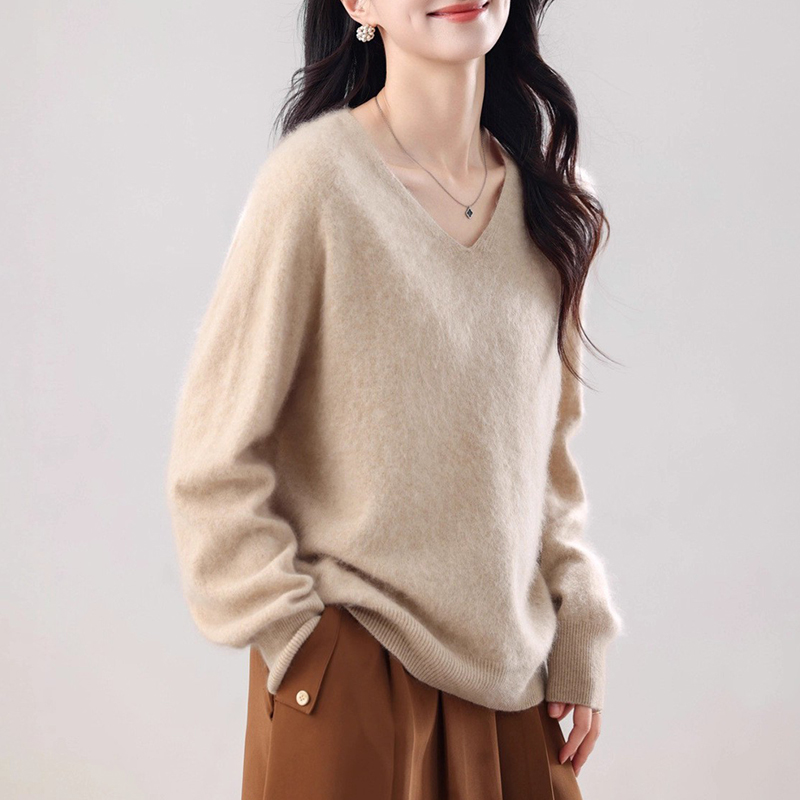 拉绒羊毛衫V领慵懒风毛衣女宽松