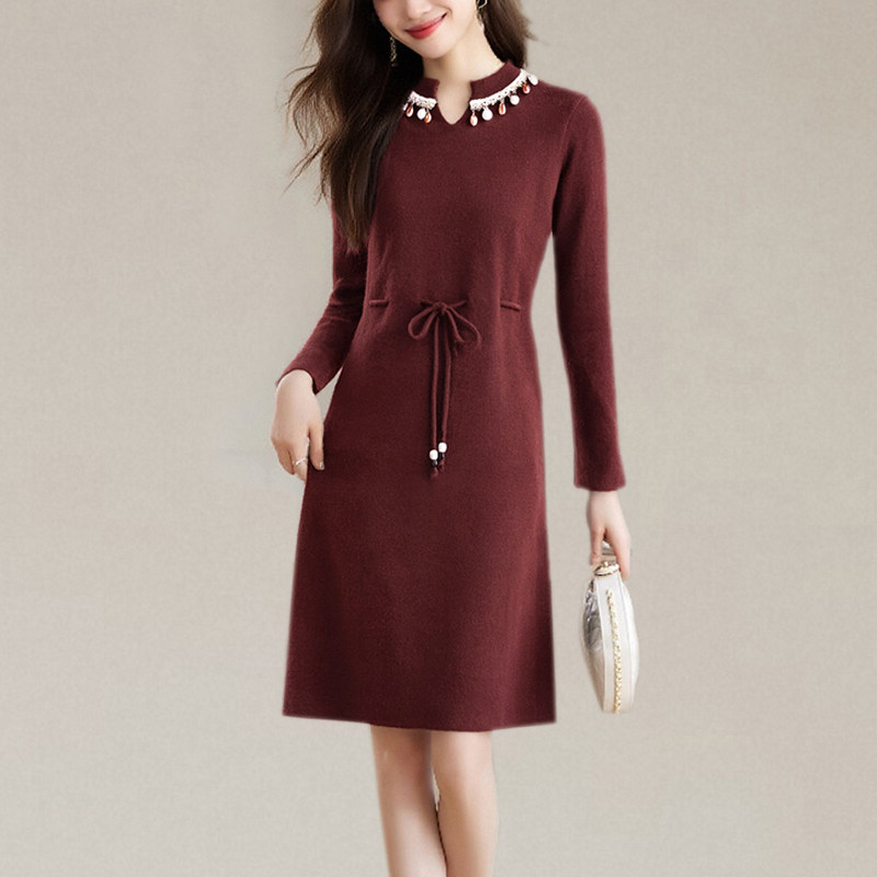 鄂尔多斯市秋冬羊毛衫V领针织连衣裙女收腰洋气打底中长毛衣A字裙,女装/女士精品,连衣裙,淘宝优惠券,粉丝福利购,淘宝优惠卷