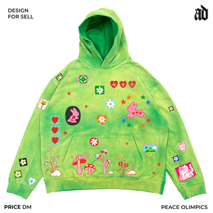 空气感！美式重磅！街头设计感童趣卡通拼接印花可爱童趣连帽卫衣