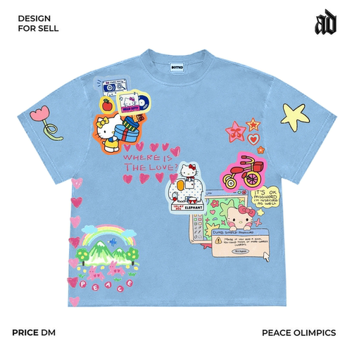 美式260G重磅！凯蒂猫爱心星星拼贴色彩童趣可爱风别致短袖T恤