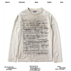 Subculture Fit! Sheet Music Line Visual Kei Washed Distressed Dirty Dye Long Sleeve T-Shirt Loose Base Layer Vintage