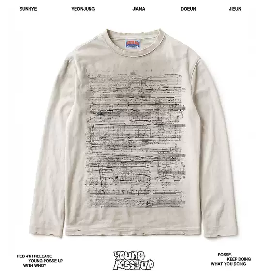 Subculture Fit! Sheet Music Line Visual Kei Washed Distressed Dirty Dye Long Sleeve T-Shirt Loose Base Layer Vintage